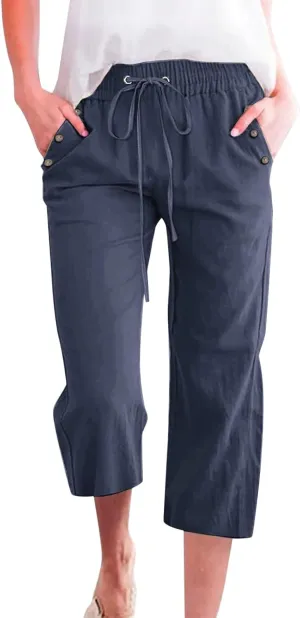 Women's Linen Capris with Pockets High Waist Drawstring Baggy Comfy Casual Lightweight Loose Trousers