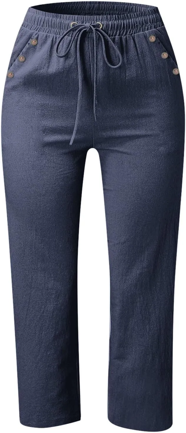 Women's Linen Capris with Pockets High Waist Drawstring Baggy Comfy Casual Lightweight Loose Trousers