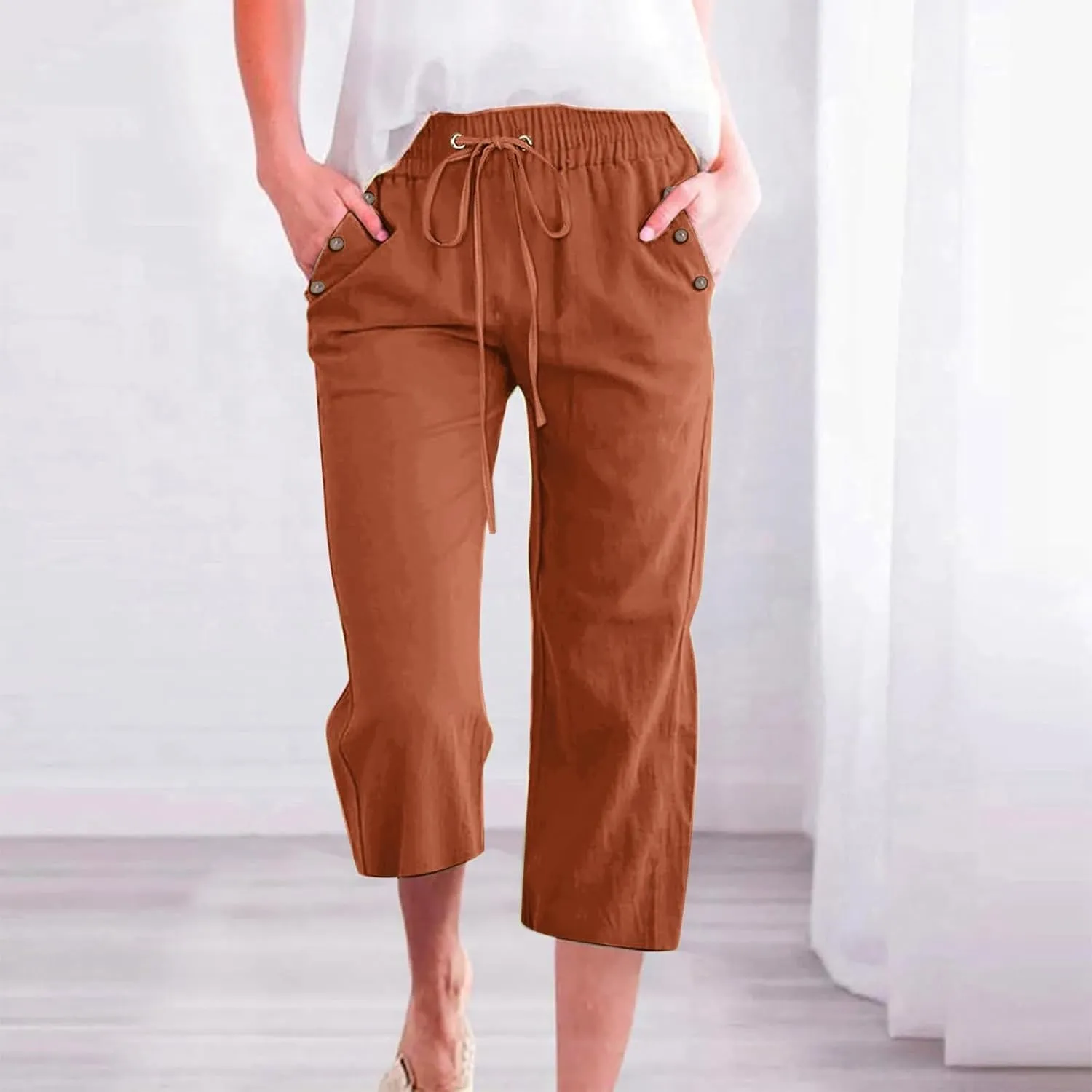 Women's Linen Capris with Pockets High Waist Drawstring Baggy Comfy Casual Lightweight Loose Trousers