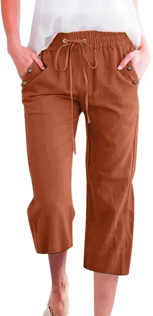 Women's Linen Capris with Pockets High Waist Drawstring Baggy Comfy Casual Lightweight Loose Trousers