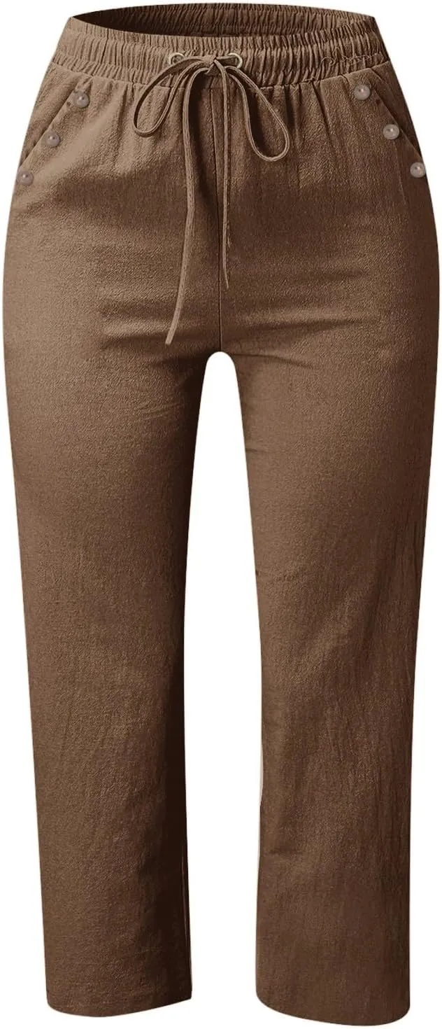 Women's Linen Capris with Pockets High Waist Drawstring Baggy Comfy Casual Lightweight Loose Trousers