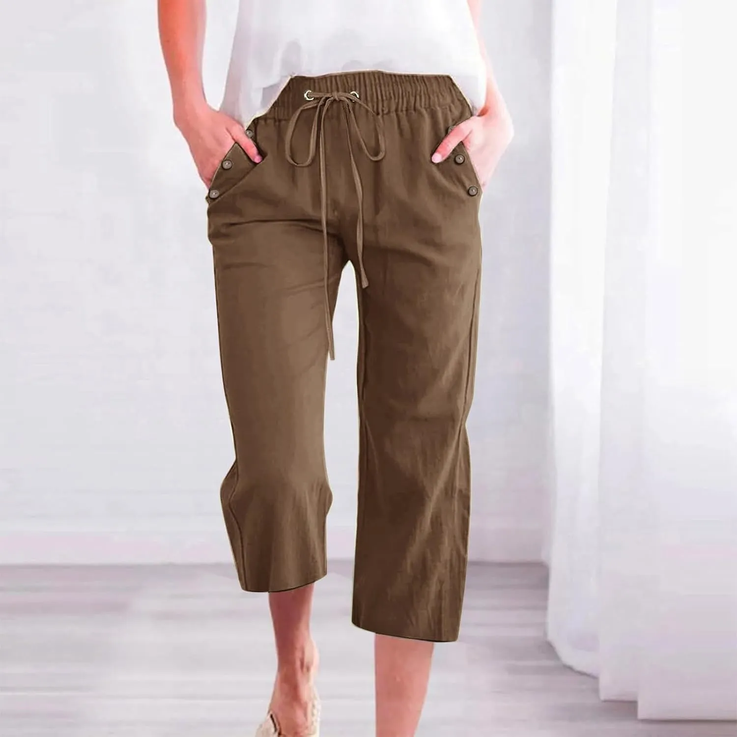 Women's Linen Capris with Pockets High Waist Drawstring Baggy Comfy Casual Lightweight Loose Trousers