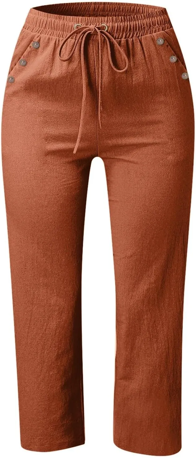 Women's Linen Capris with Pockets High Waist Drawstring Baggy Comfy Casual Lightweight Loose Trousers