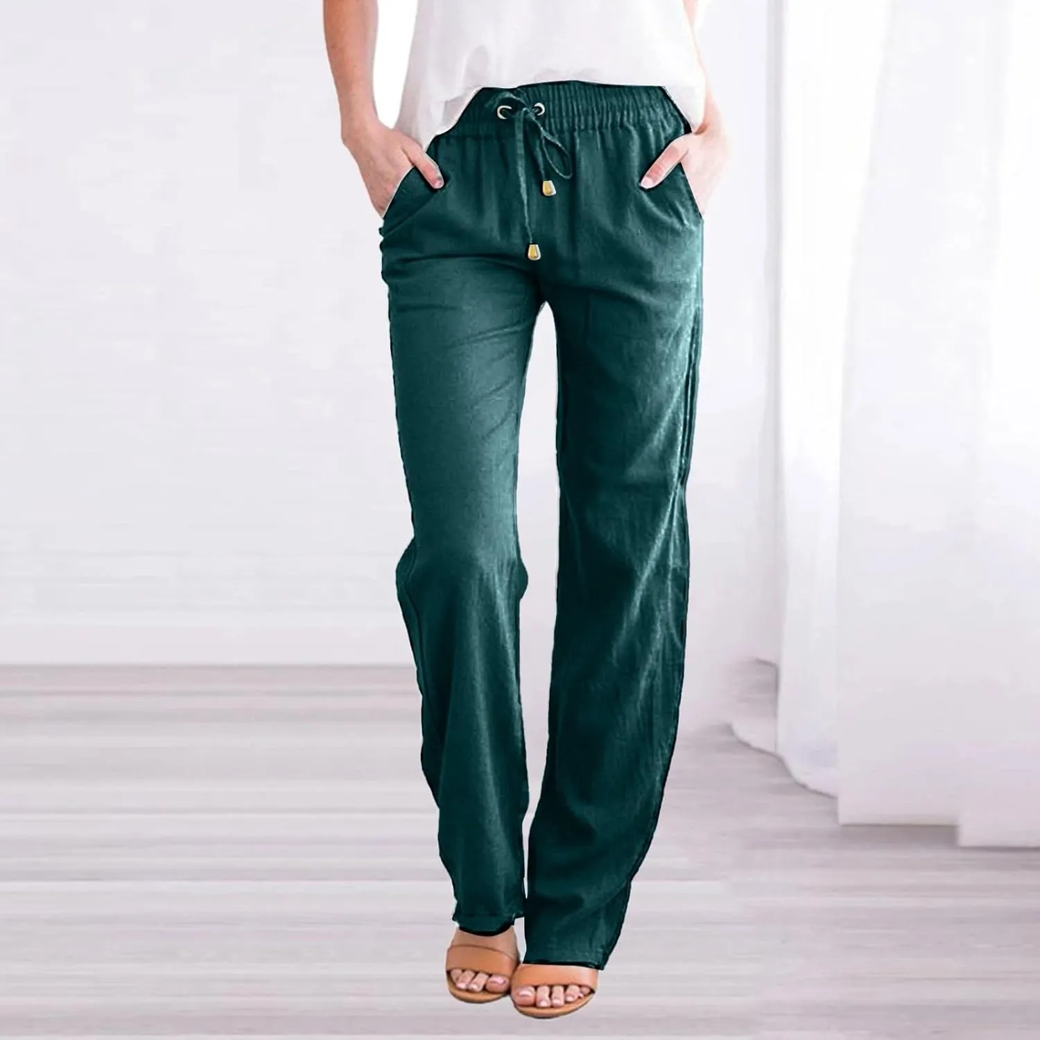 Womens Linen Casual Pants Winter Linen Business Capris with Pockets Wide Leg Straight Leg