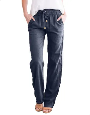 Womens Linen Casual Pants Winter Trendy Yoga Trousers with Pockets Fleece Lined Straight Leg