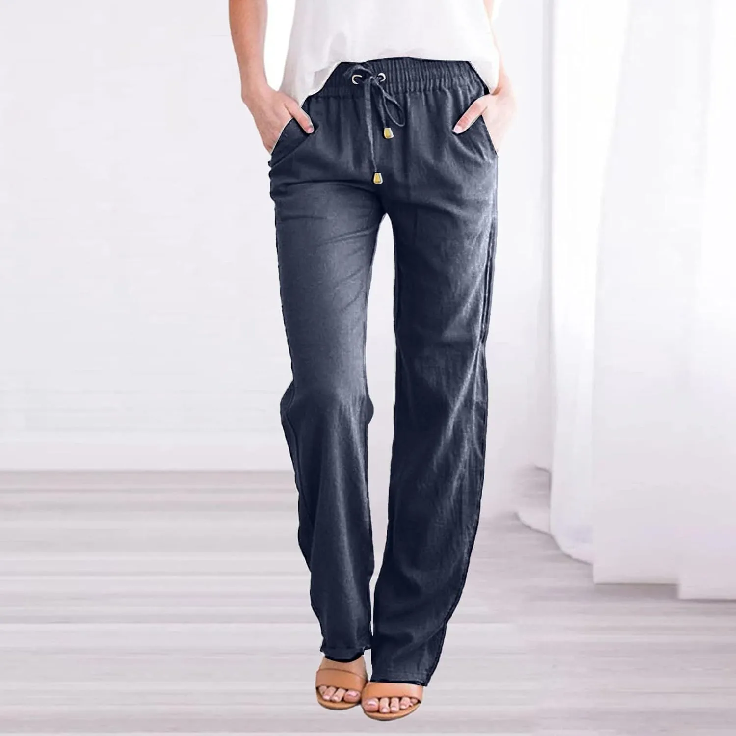 Womens Linen Casual Pants Winter Trendy Yoga Trousers with Pockets Fleece Lined Straight Leg