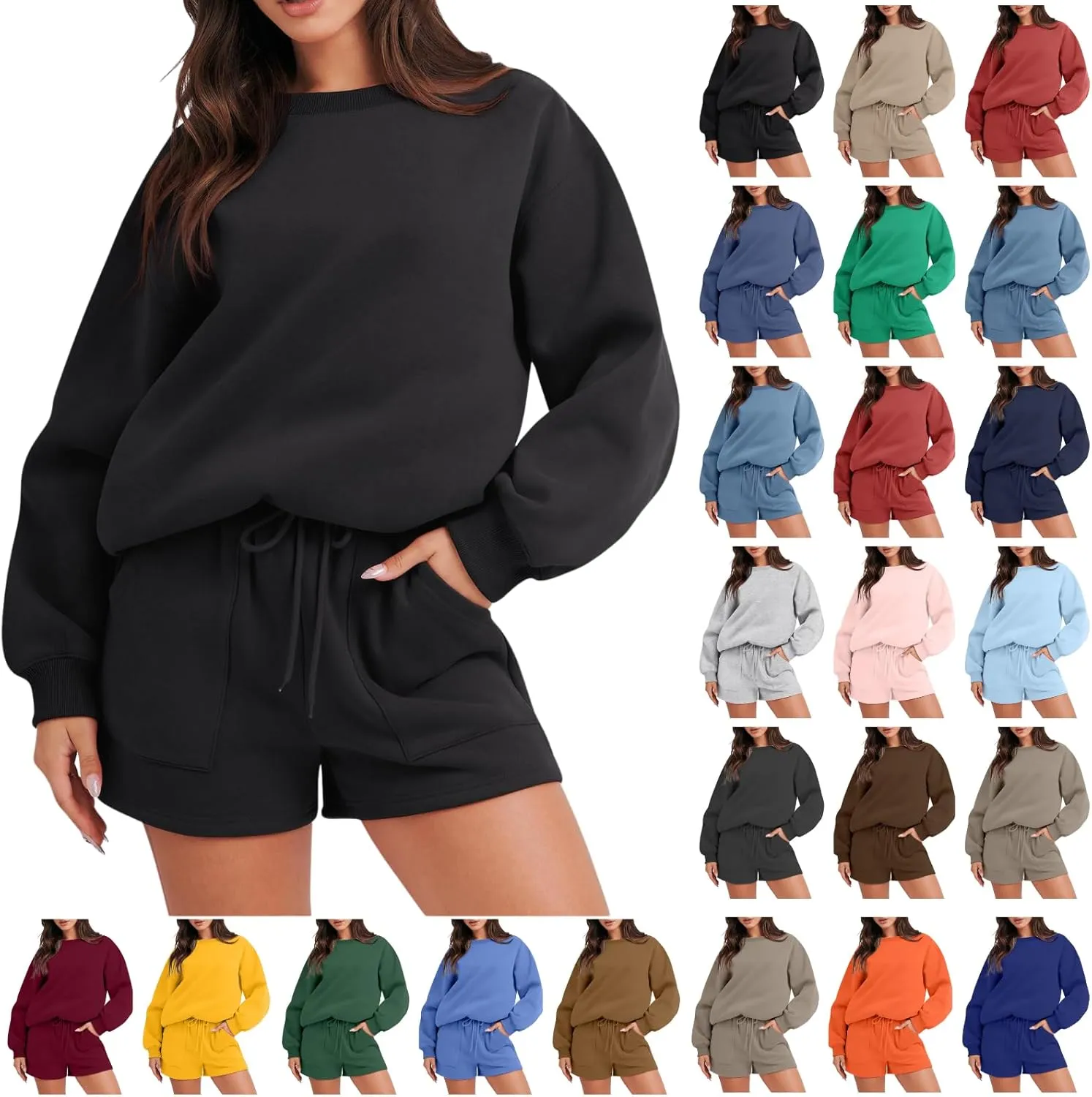 Womens Lounge Sets 2 Piece Outfits Oversized Long Sleeve Hoodies Sweatsuit Casual Sweat Shorts Matching Tracksuit
