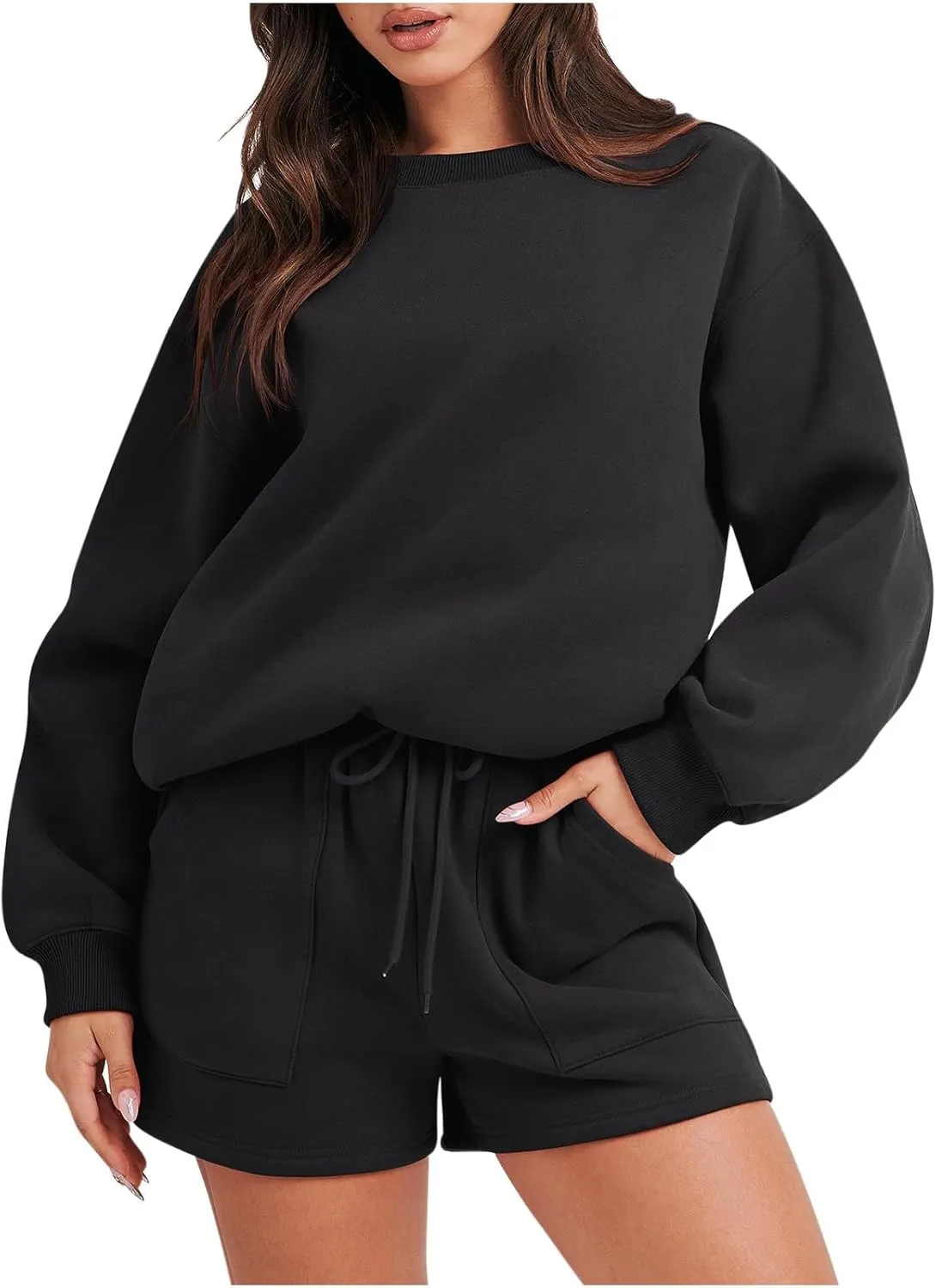 Womens Lounge Sets 2 Piece Outfits Oversized Long Sleeve Hoodies Sweatsuit Casual Sweat Shorts Matching Tracksuit