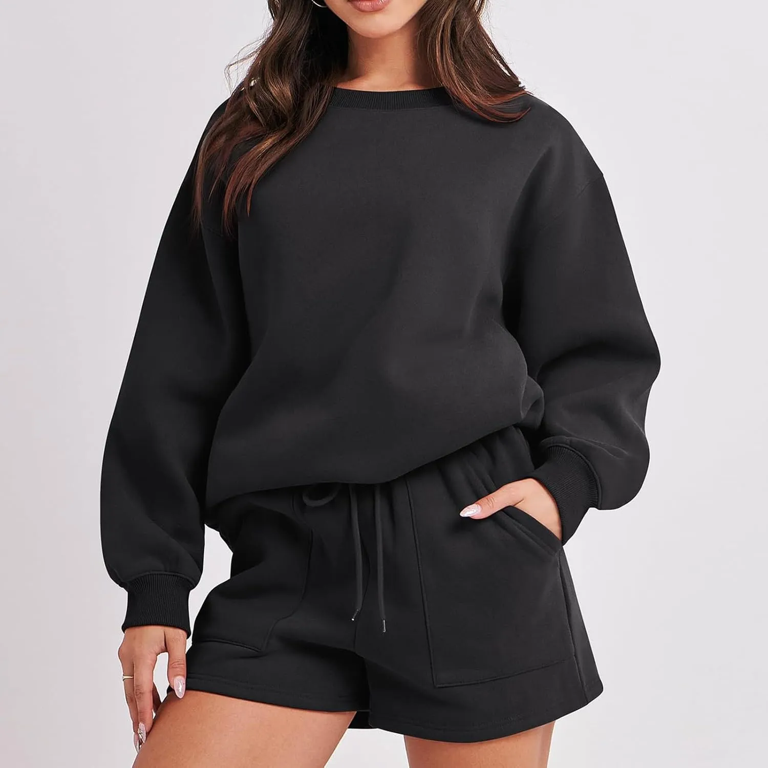 Womens Lounge Sets 2 Piece Outfits Oversized Long Sleeve Hoodies Sweatsuit Casual Sweat Shorts Matching Tracksuit