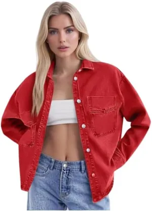 Women's Oversized Denim Jacket Casual Long Sleeve Denim Shirts Distresse Jean Jacket 2025 Spring Outfits