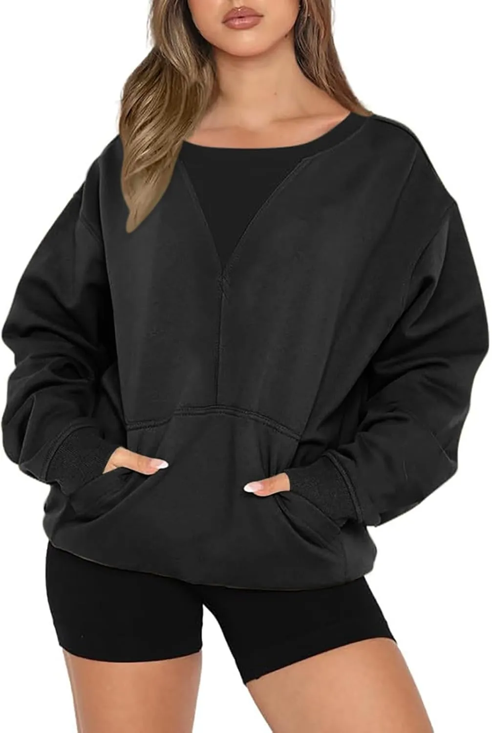 Womens Oversized Long Sleeves Casual Shirts Solid Crewneck Pokets Sweatshirt Pullover Loose Tunic Tops Y2K Clothes