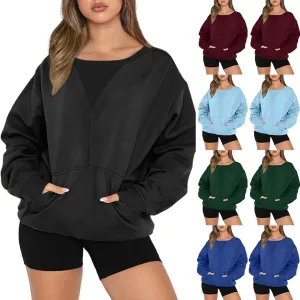 Womens Oversized Long Sleeves Casual Shirts Solid Crewneck Pokets Sweatshirt Pullover Loose Tunic Tops Y2K Clothes
