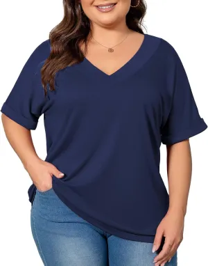 Women's Plus Size Casual V Neck T-Shirt Loose Fit Short Sleeve Blouse Curvy Tunic Top Fashion Clothing