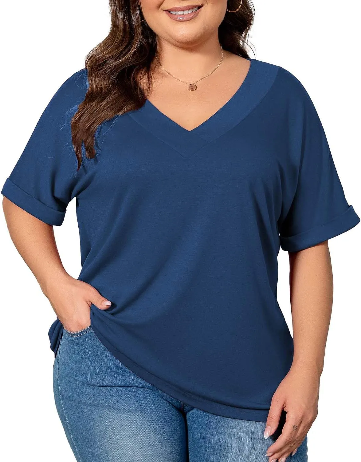 Women's Plus Size Casual V Neck T-Shirt Loose Fit Short Sleeve Blouse Curvy Tunic Top Fashion Clothing