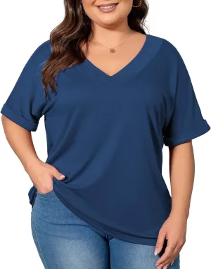 Women's Plus Size Casual V Neck T-Shirt Loose Fit Short Sleeve Blouse Curvy Tunic Top Fashion Clothing