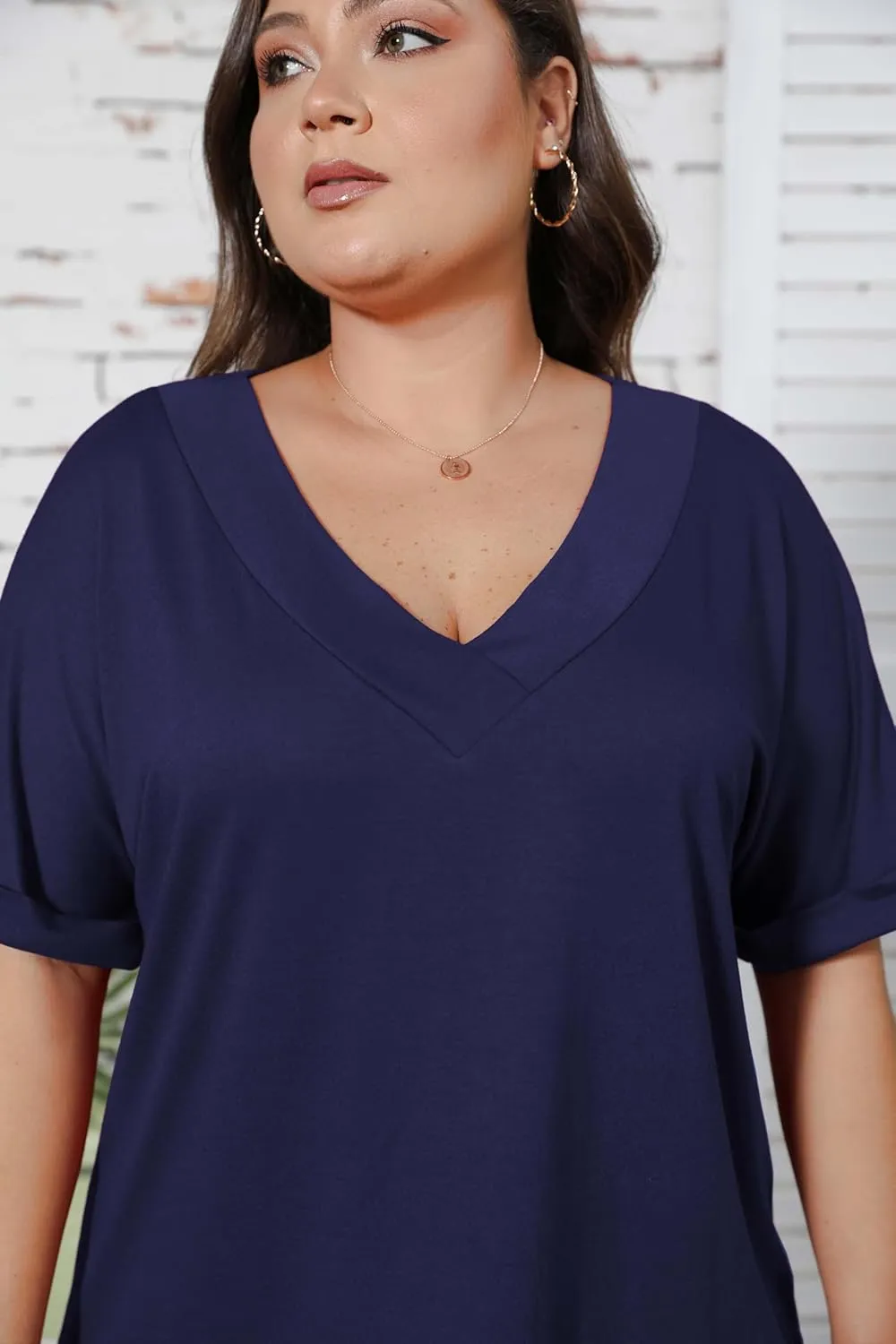 Women's Plus Size Casual V Neck T-Shirt Loose Fit Short Sleeve Blouse Curvy Tunic Top Fashion Clothing