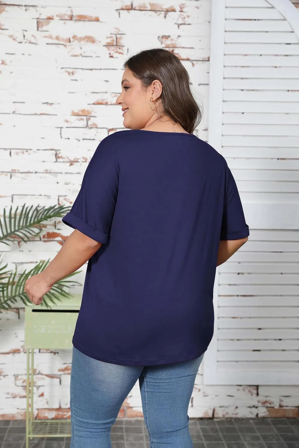 Women's Plus Size Casual V Neck T-Shirt Loose Fit Short Sleeve Blouse Curvy Tunic Top Fashion Clothing