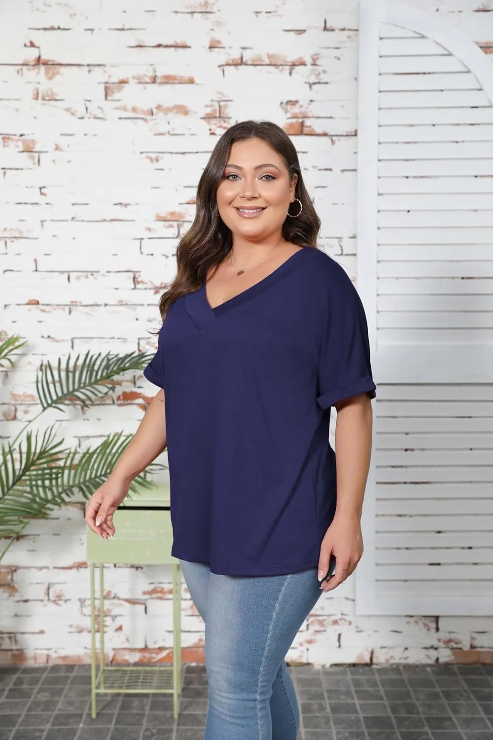 Women's Plus Size Casual V Neck T-Shirt Loose Fit Short Sleeve Blouse Curvy Tunic Top Fashion Clothing