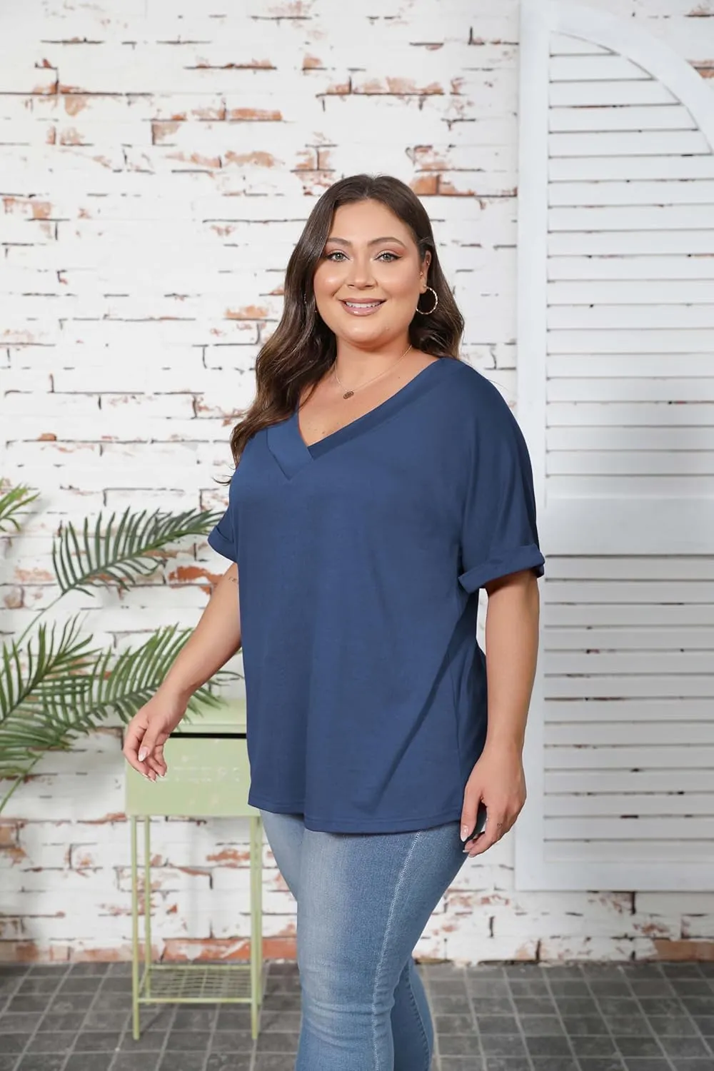 Women's Plus Size Casual V Neck T-Shirt Loose Fit Short Sleeve Blouse Curvy Tunic Top Fashion Clothing