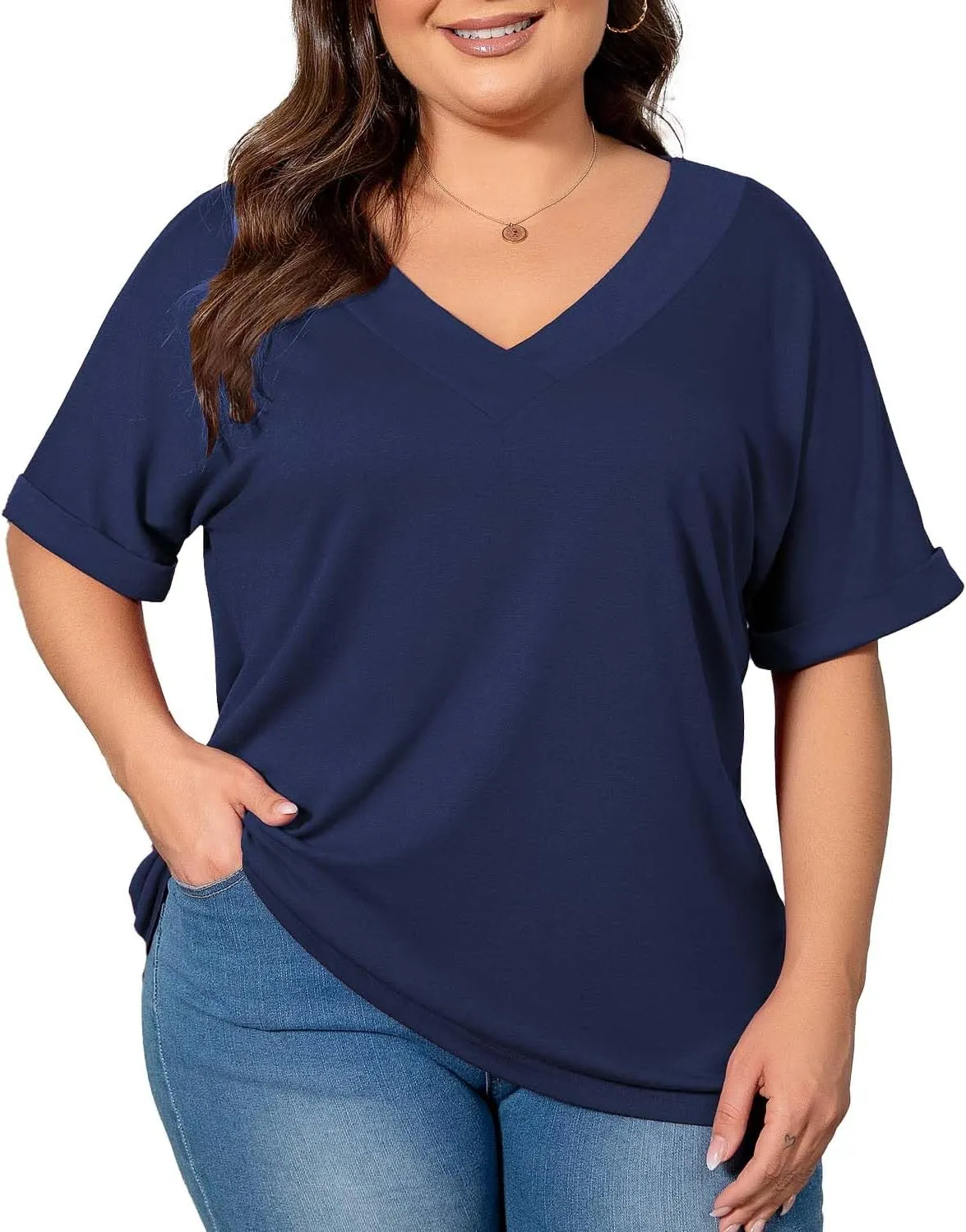 Women's Plus Size Casual V Neck T-Shirt Loose Fit Short Sleeve Blouse Curvy Tunic Top Fashion Clothing