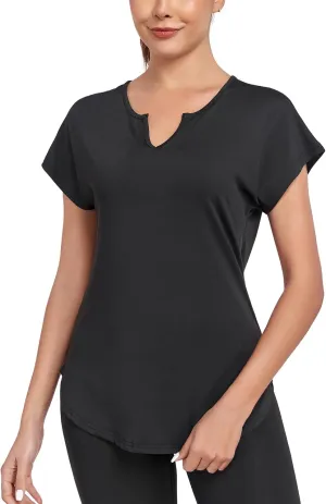 Women's Short Sleeve Workout Shirts V Neck Exercise Yoga Basic Top Quick Dry Side Split