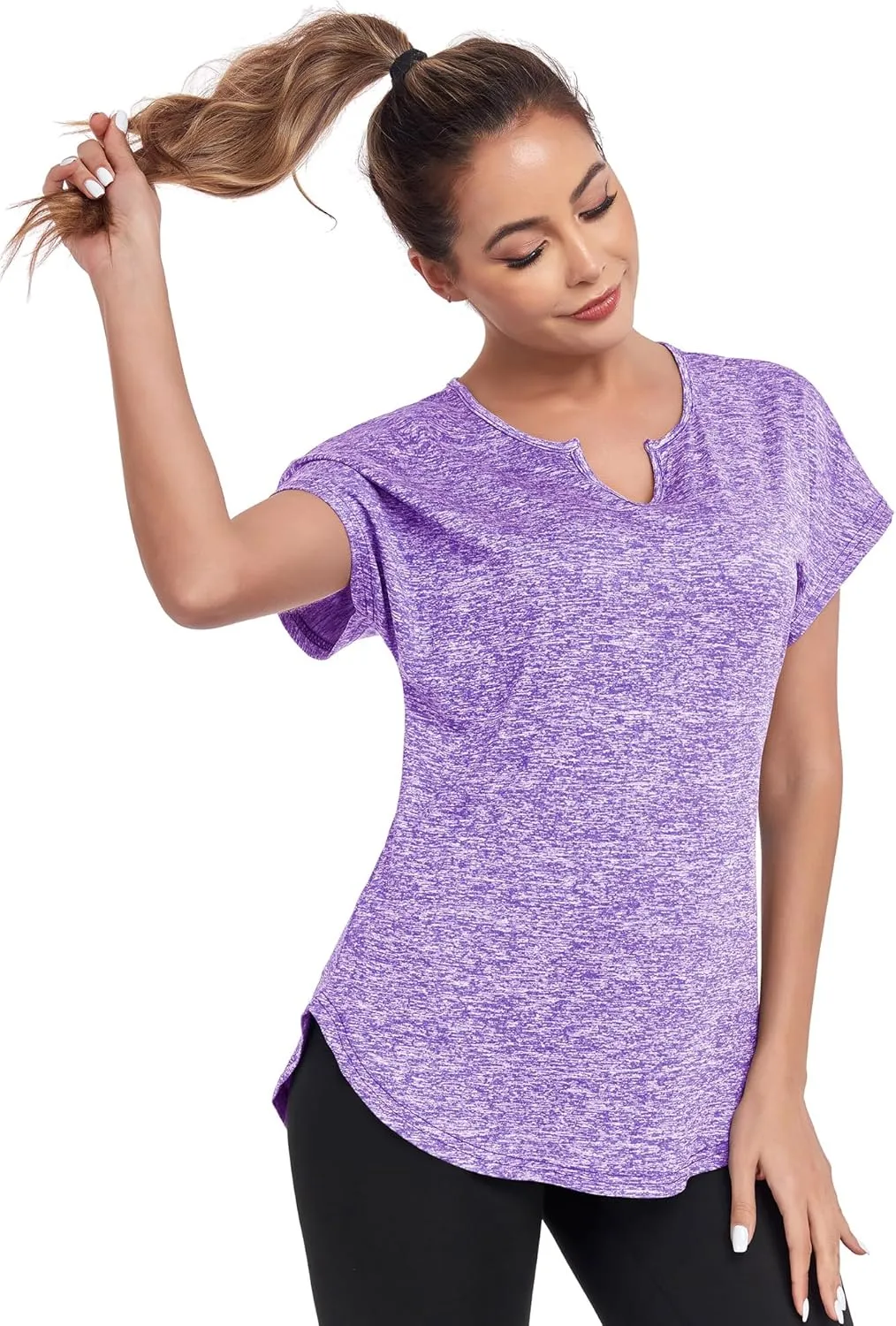 Women's Short Sleeve Workout Shirts V Neck Exercise Yoga Basic Top Quick Dry Side Split