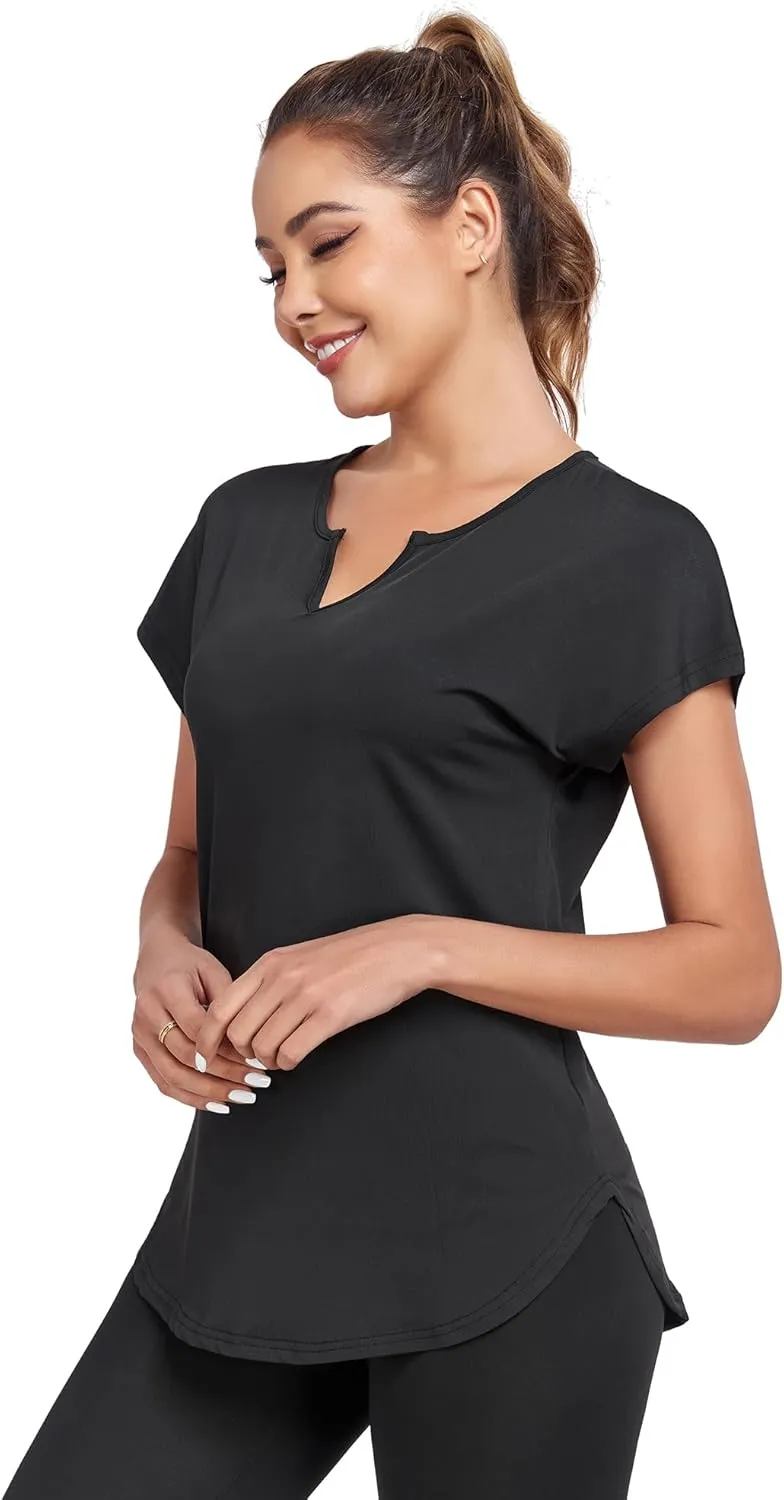 Women's Short Sleeve Workout Shirts V Neck Exercise Yoga Basic Top Quick Dry Side Split