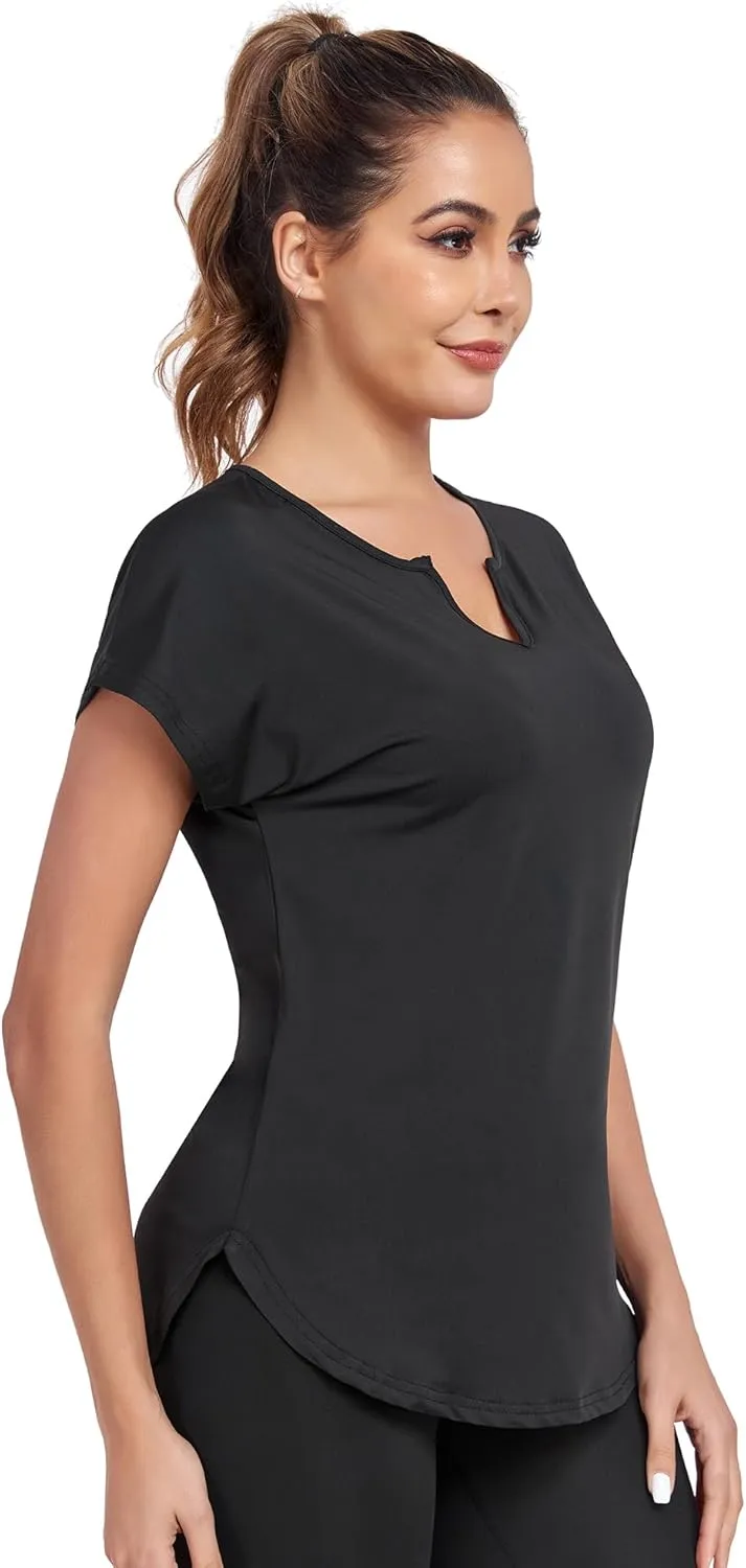 Women's Short Sleeve Workout Shirts V Neck Exercise Yoga Basic Top Quick Dry Side Split