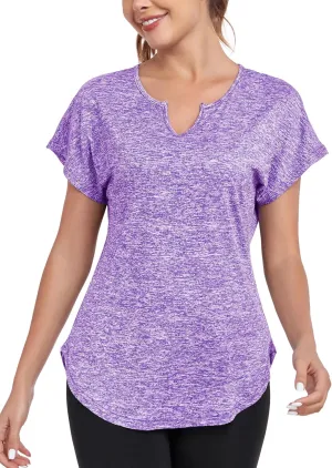Women's Short Sleeve Workout Shirts V Neck Exercise Yoga Basic Top Quick Dry Side Split