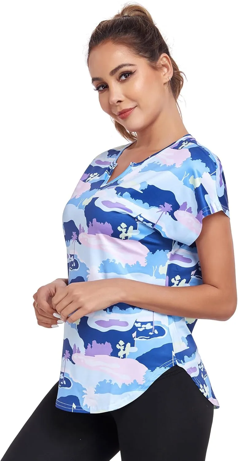 Women's Short Sleeve Workout Shirts V Neck Exercise Yoga Basic Top Quick Dry Side Split