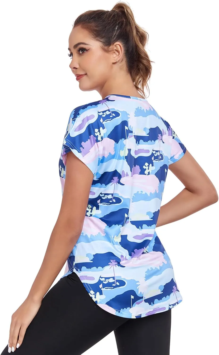 Women's Short Sleeve Workout Shirts V Neck Exercise Yoga Basic Top Quick Dry Side Split