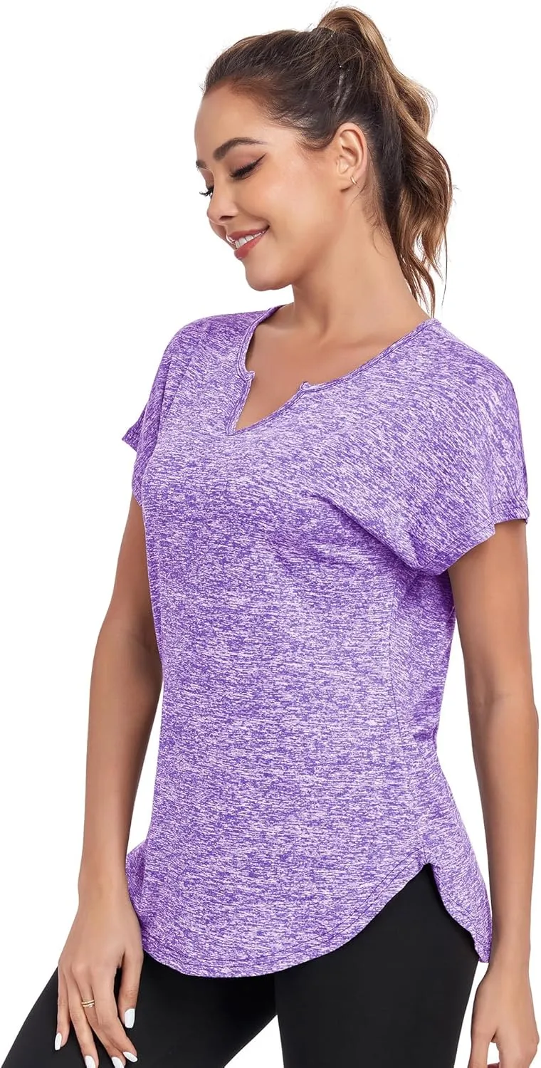 Women's Short Sleeve Workout Shirts V Neck Exercise Yoga Basic Top Quick Dry Side Split