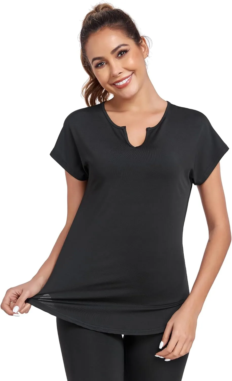 Women's Short Sleeve Workout Shirts V Neck Exercise Yoga Basic Top Quick Dry Side Split
