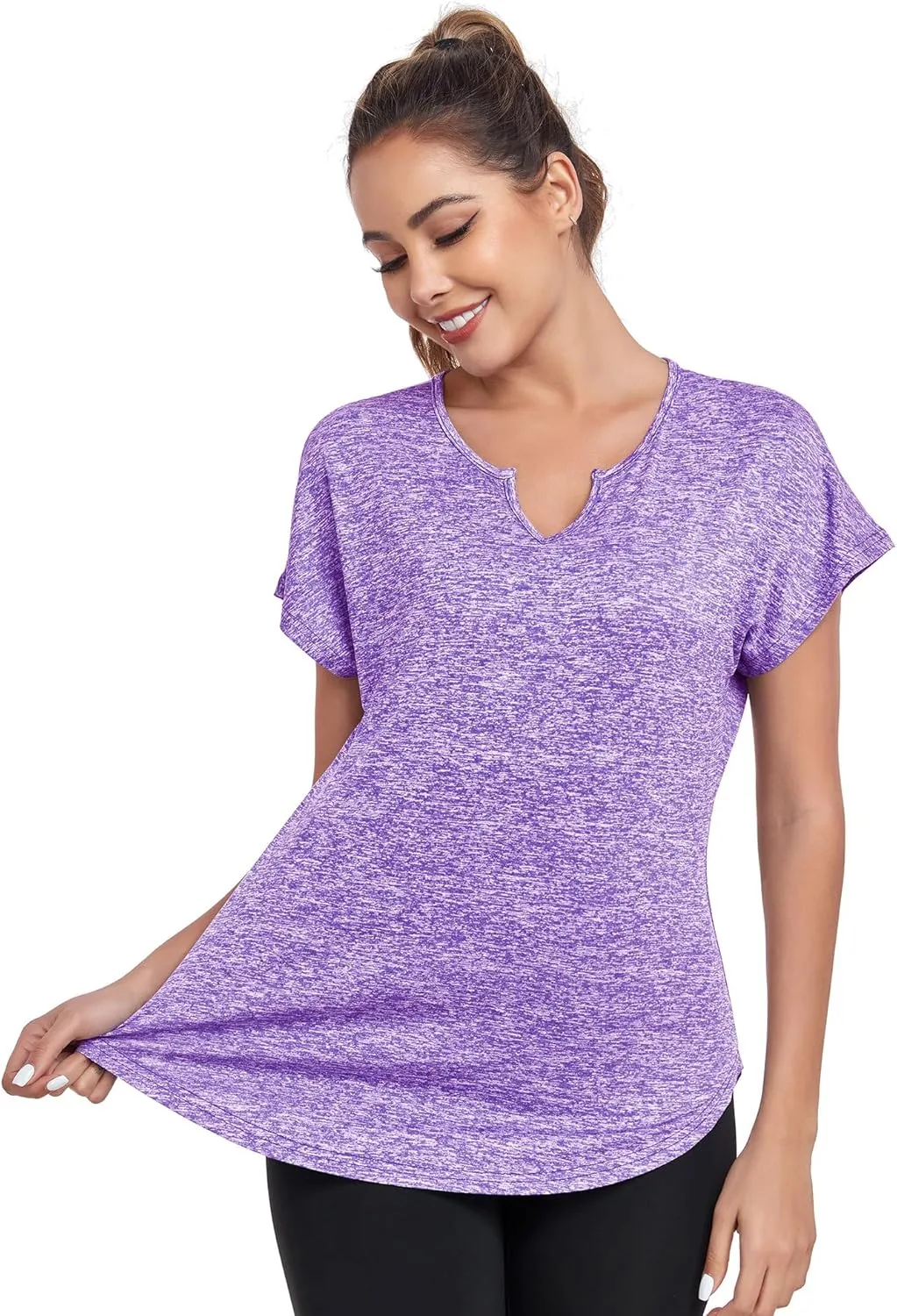 Women's Short Sleeve Workout Shirts V Neck Exercise Yoga Basic Top Quick Dry Side Split