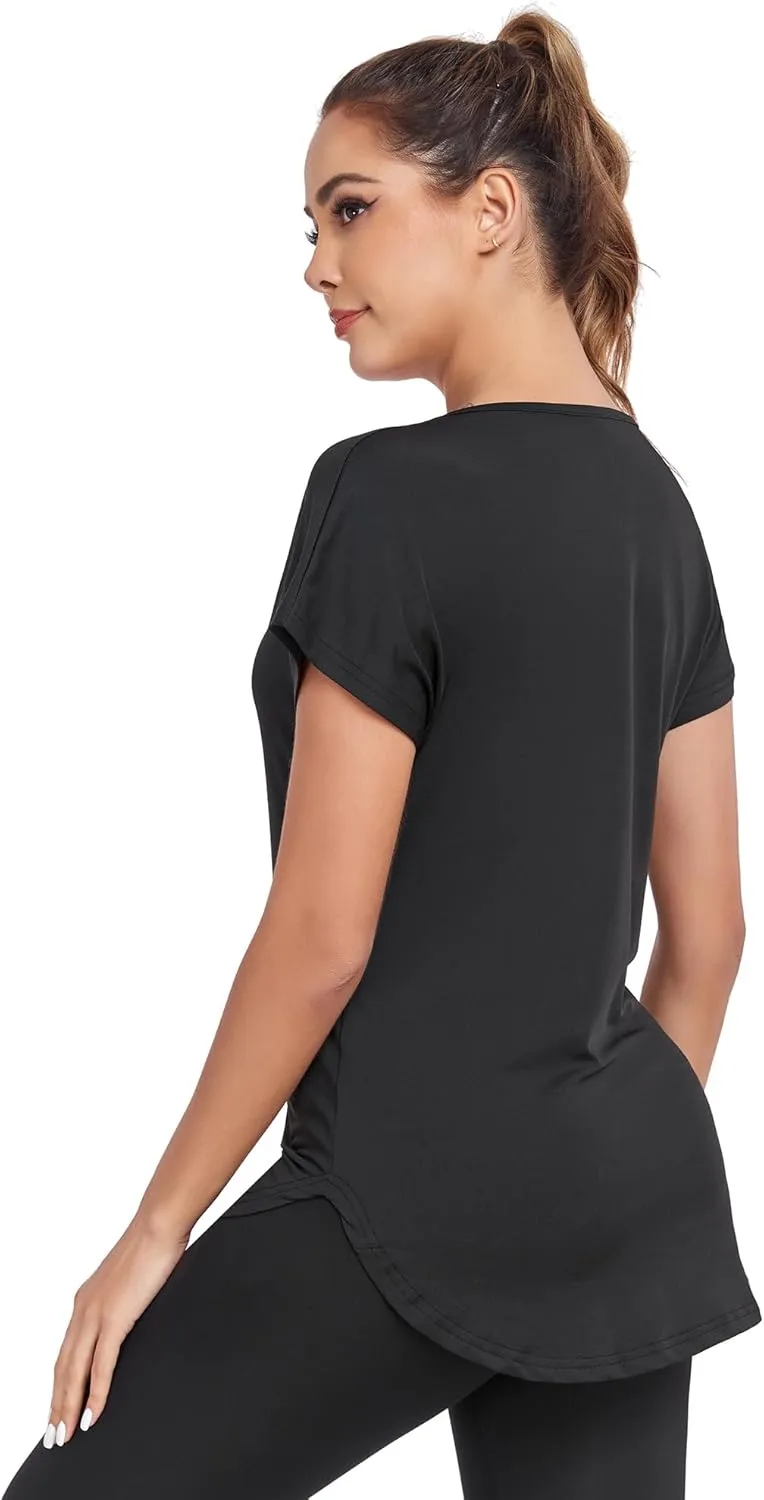 Women's Short Sleeve Workout Shirts V Neck Exercise Yoga Basic Top Quick Dry Side Split