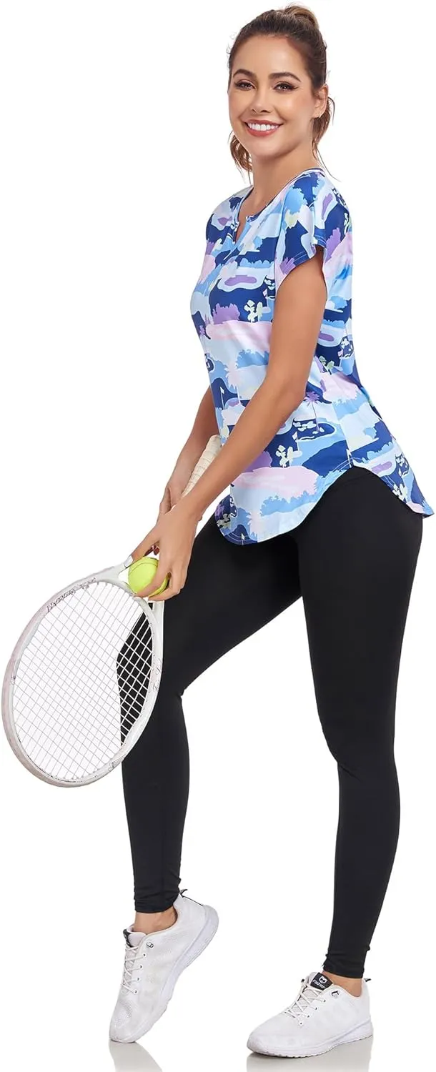 Women's Short Sleeve Workout Shirts V Neck Exercise Yoga Basic Top Quick Dry Side Split