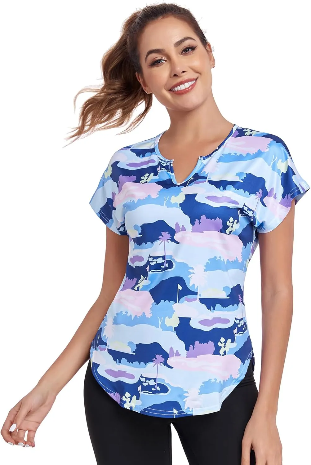 Women's Short Sleeve Workout Shirts V Neck Exercise Yoga Basic Top Quick Dry Side Split