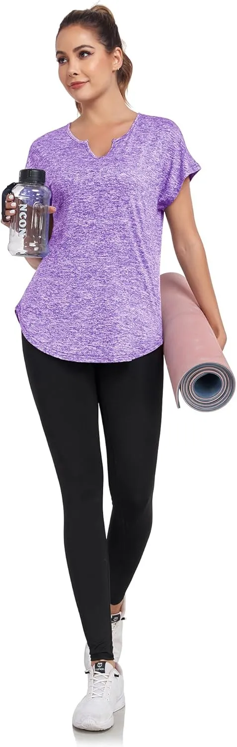 Women's Short Sleeve Workout Shirts V Neck Exercise Yoga Basic Top Quick Dry Side Split