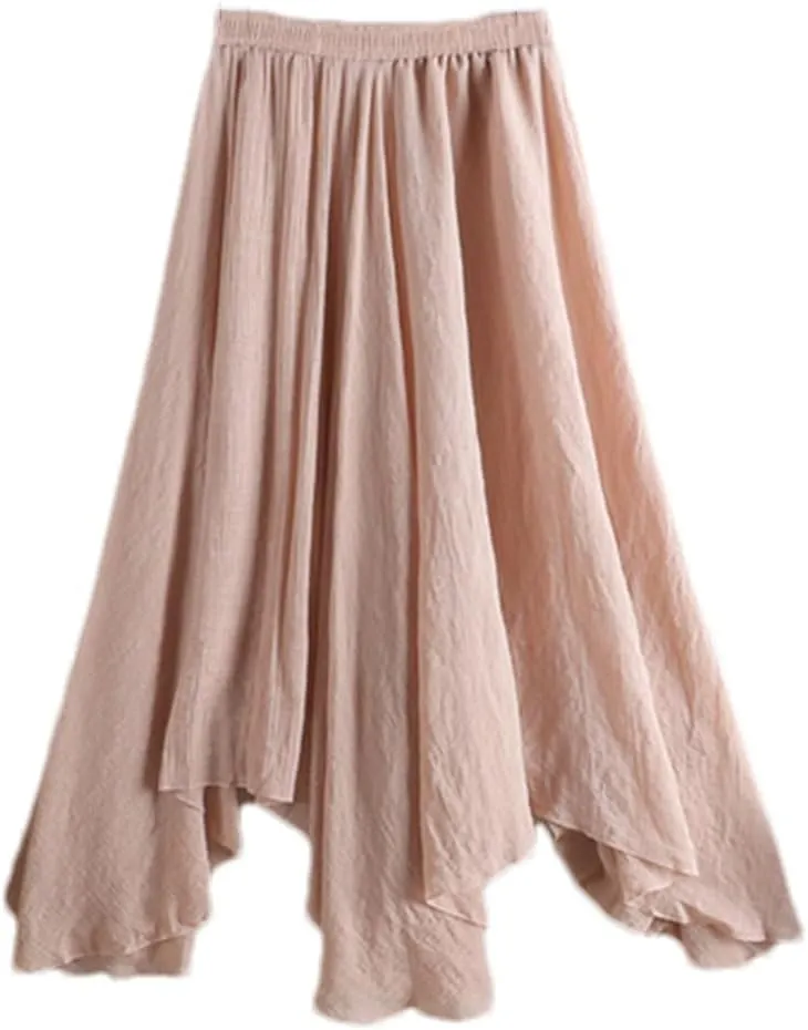 Women's Solid Linen Skirts Summer Midi Color Irregular Pleated Black Big Swing Fishtail Skirt