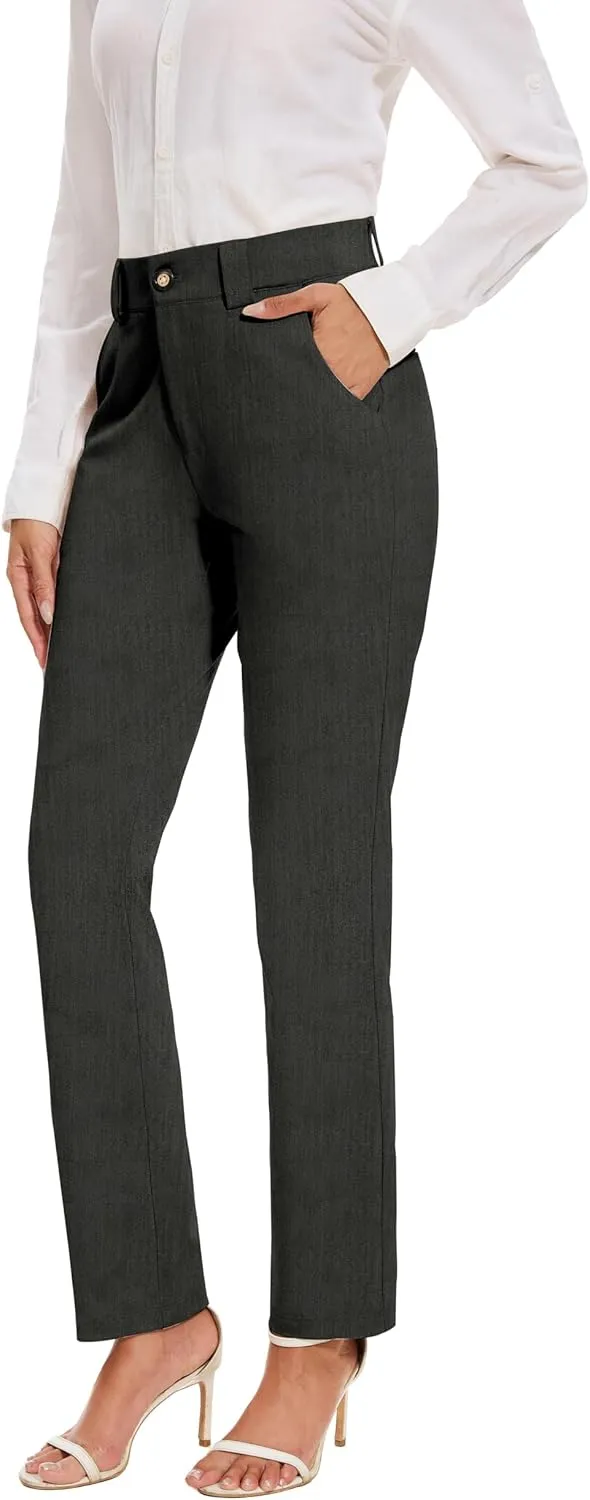 Women's Stretch Business Straight Leg Dress Pants with Pockets Wear to Work Casual Suitpants