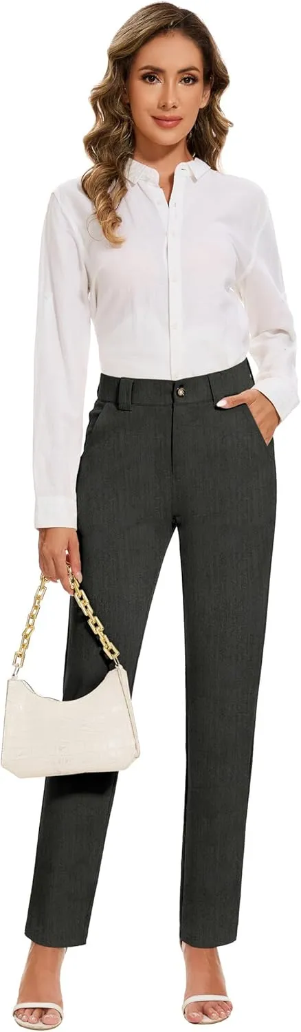 Women's Stretch Business Straight Leg Dress Pants with Pockets Wear to Work Casual Suitpants