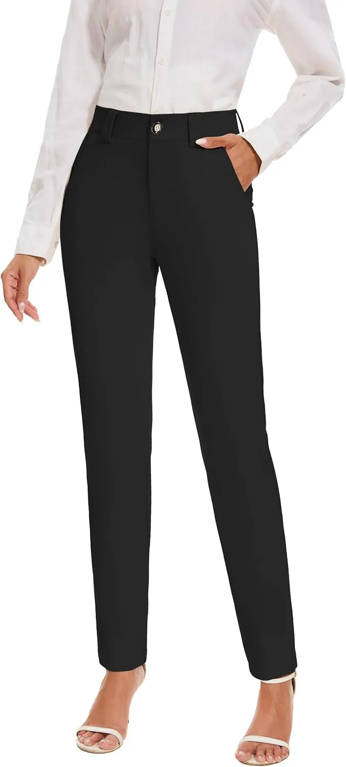 Women's Stretch Business Straight Leg Dress Pants with Pockets Wear to Work Casual Suitpants