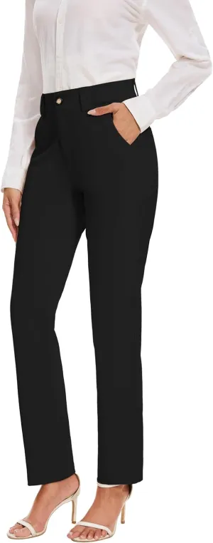 Women's Stretch Business Straight Leg Dress Pants with Pockets Wear to Work Casual Suitpants