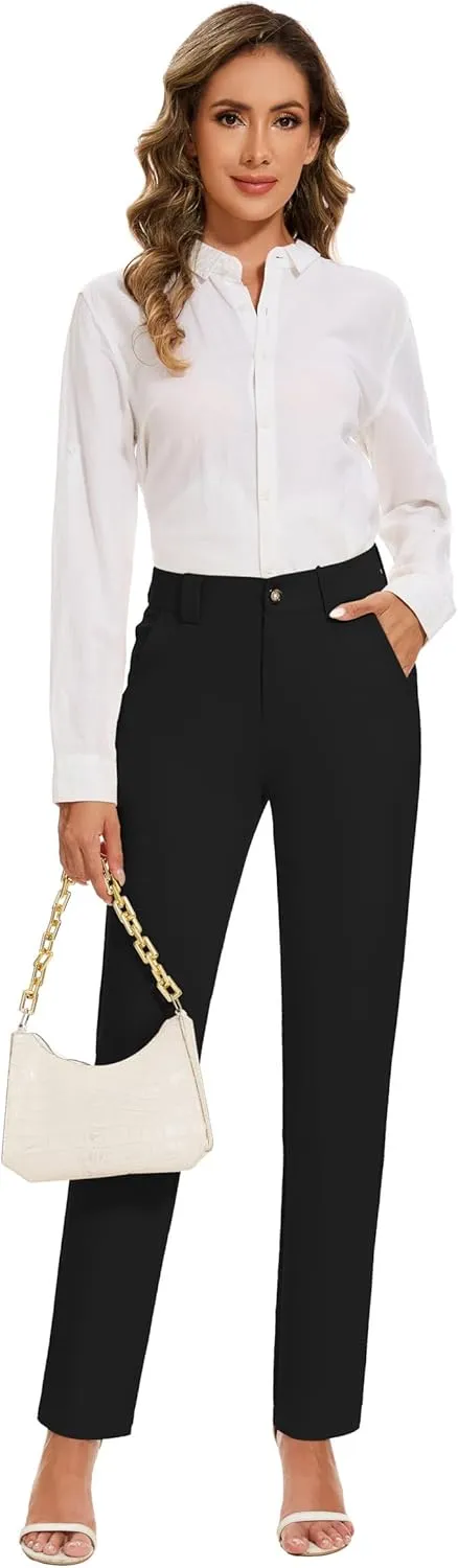 Women's Stretch Business Straight Leg Dress Pants with Pockets Wear to Work Casual Suitpants