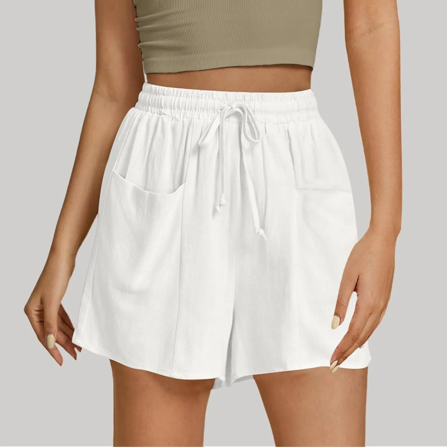 Women's Summer Linen High Elastic Waist Drawstring Solid Color Casual Loose Fit Beach Shorts with Pockets