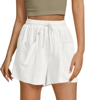 Women's Summer Linen High Elastic Waist Drawstring Solid Color Casual Loose Fit Beach Shorts with Pockets