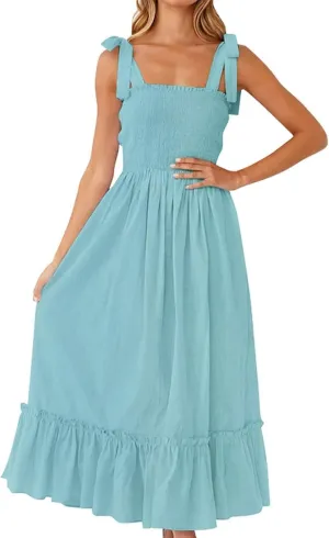 Women's Summer Maxi Dress Boho Spaghetti Straps Casual Long A-line Smocked Beach Square Neck Flowy Sundress