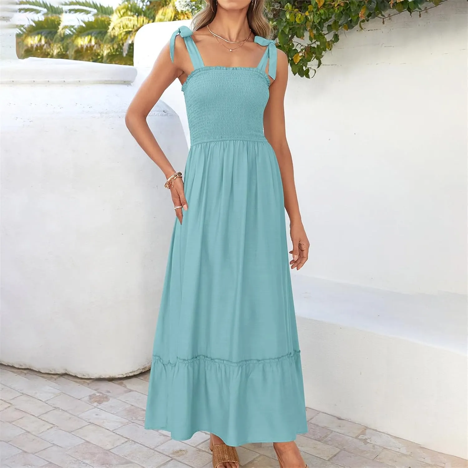 Women's Summer Maxi Dress Boho Spaghetti Straps Casual Long A-line Smocked Beach Square Neck Flowy Sundress