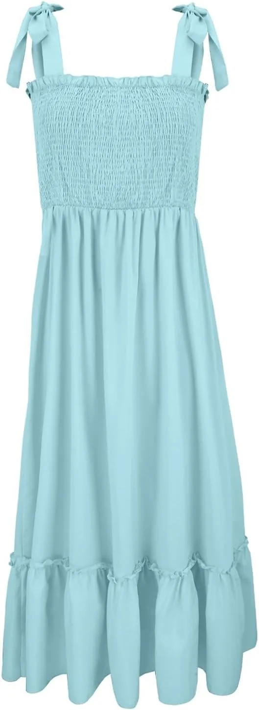 Women's Summer Maxi Dress Boho Spaghetti Straps Casual Long A-line Smocked Beach Square Neck Flowy Sundress