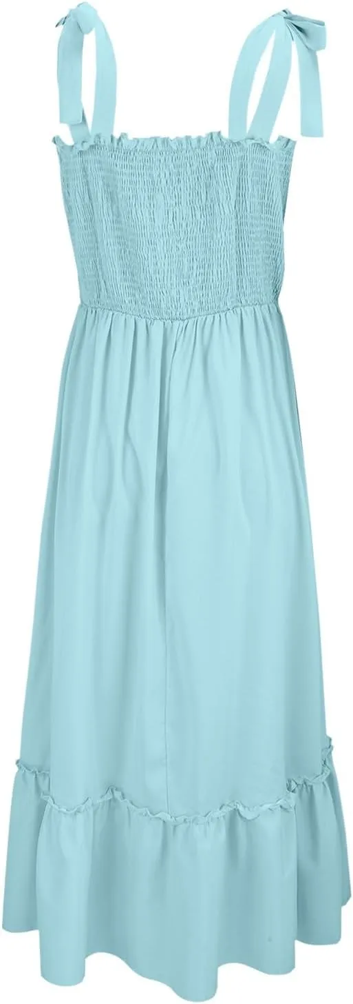 Women's Summer Maxi Dress Boho Spaghetti Straps Casual Long A-line Smocked Beach Square Neck Flowy Sundress